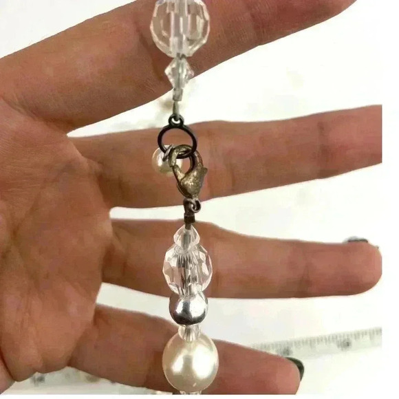 Clear Chunky Glass Heart Plastic Beaded Necklace Wired Faux Pearl 18" long - Picture 3 of 11